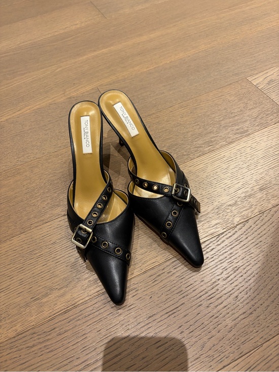 Tony Bianco Shoes - Tony Bianco Black Pointed Buckle Mule Heels with Grommet Trim
